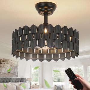 18 Inch Black Ceiling Fans with Lights and Remote, Black Caged Ceiling Fan Light with 6-Speed Motor, Bladeless Fan, Fandelier Ceiling Fan with Light for Bedroom, Living Room, Dining Room