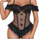 Avidlove Lingerie for Women V Neck One Piece Bodysuit Lace Ruffle Babydoll Off Shoulder Rave Outfits, M