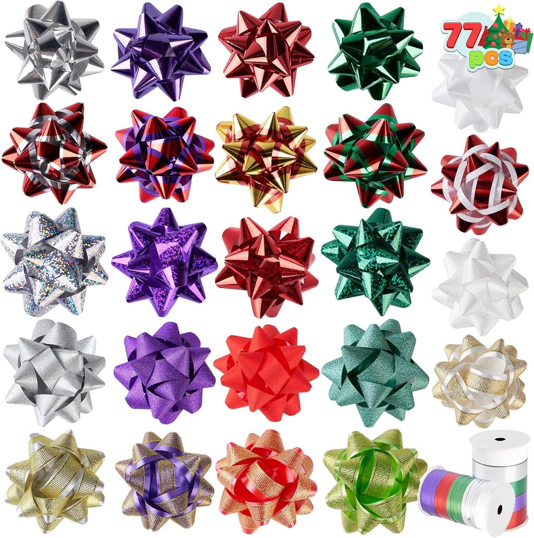 JOYIN 75PCS Christmas Bows Assortment with 2 Rolls of Curling Ribbons,5 Colors Self Adhesive Gift Bows for Gift Wrapping, Birthday Wedding Easter Xmas Presents Boxes Decoration (3 inch, Golden, Purple, Green, Red, Silver)