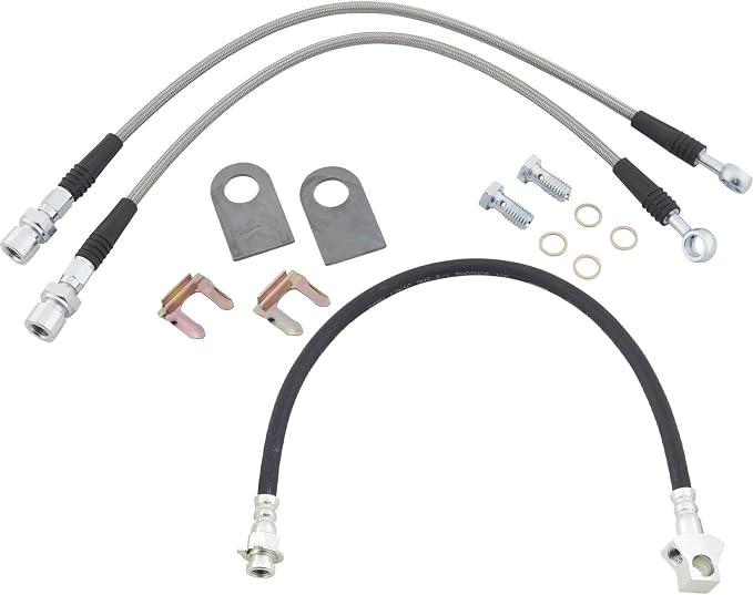 Braided Stainless Steel DOT Brake Lines & Rear Brake Hoses Kit, 3/8-24 IFF
Built-in 7/16" mounting hole, no bracket required, 16" Brake Hose, Stainless steel braided Teflon® brake lines, Universal
