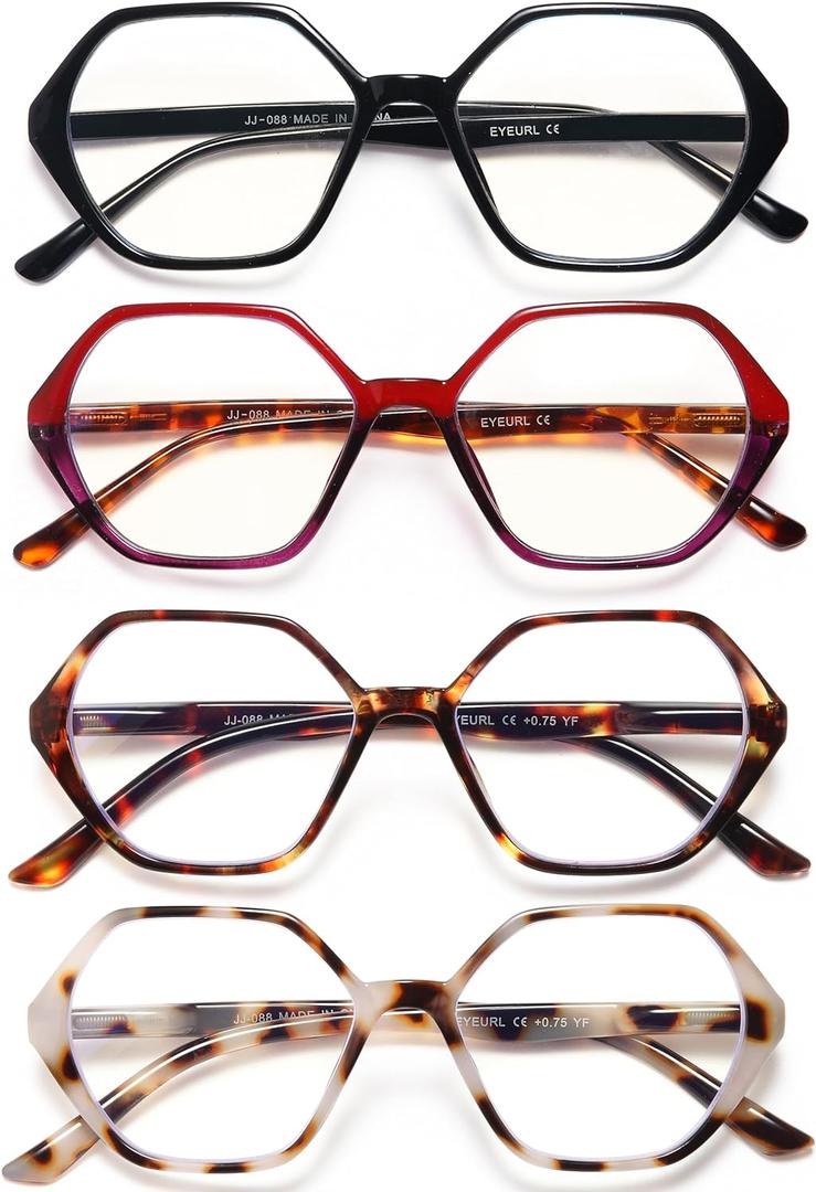 EYEURL 4-Pack Reading Glasses for Women Blue Light Blocking Reading Glasses Vintage Design Diamond-Shaped Frame Spring Hinge Readers for Women Men Anti Glare Filter Lightweight Eyeglasses,2.75