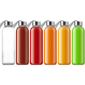 QCen 18oz Clear Glass Bottle for Juicing, Reusable Glass Water Bottles for Juicer Machine, with Stainless Steel Leak-Proof Lids, Wide Mouth Liquid Storage Containers, BPA Free, Set of 6