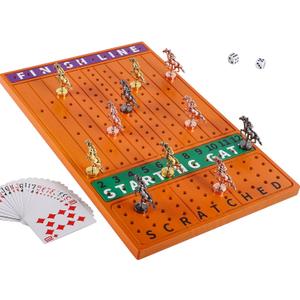 Horse Race Board Game Finish Line Racing Game with 11 Luxurious Metal Horses with 4 Dice and 2 Boxes of Cards Solid Wood Horse Racing Game Board Color Box Packaging (Small, Yellow Peach Color)