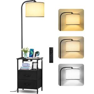 OUTONLIFE Floor Lamp with Table, 2 Drawers & Remote, Side End Table with Charging Station, Dimmable Nightstand with 3 Color Temperature, 1-Hour Timer, 12W LED Bulb, for Living Room, Bedroom(Black)