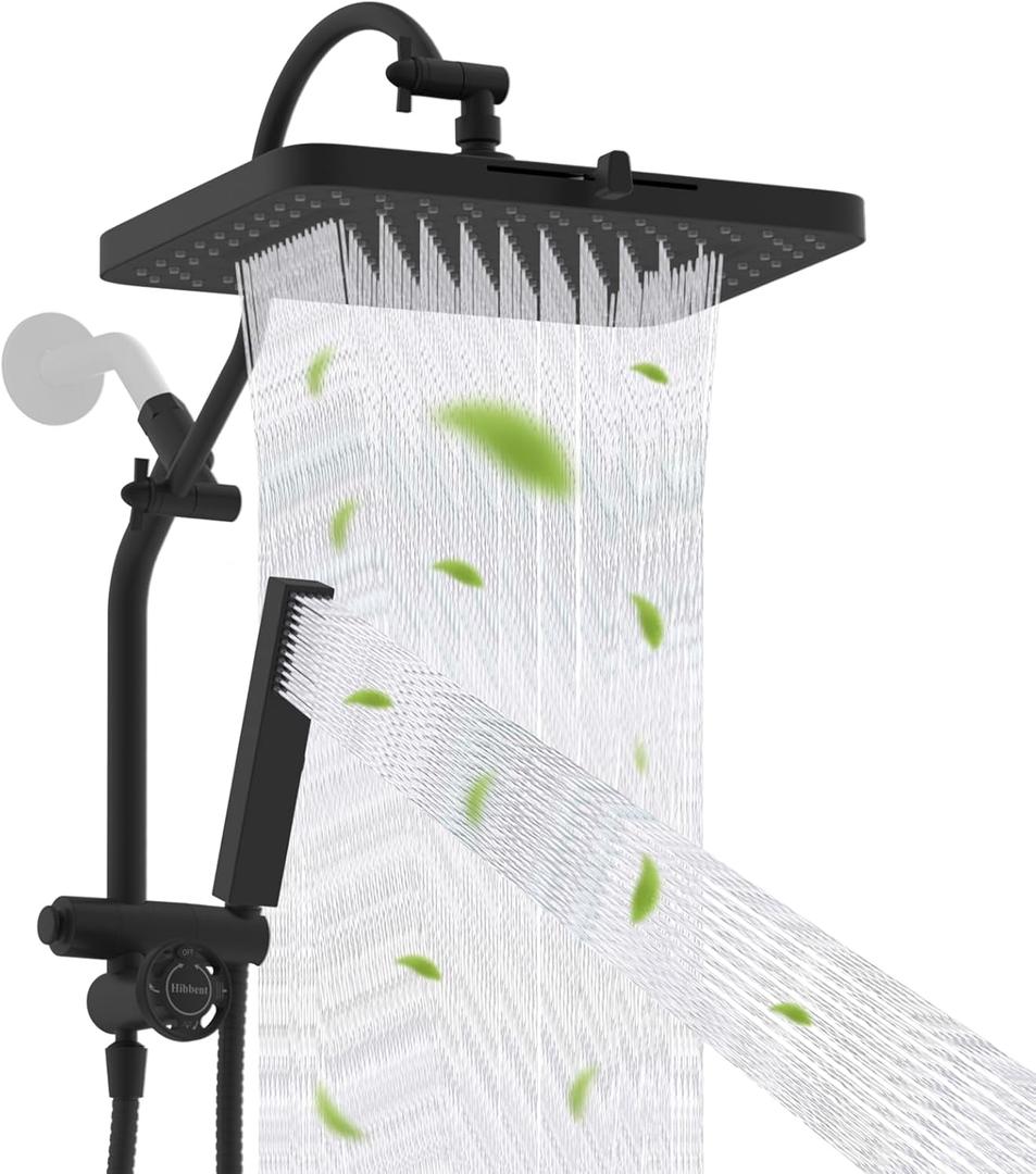 Hibbent Upgraded 13'' Shower Head Combo, High Pressure 5-spray Rainfall Showerhead, Stainless Steel 4 Modes Handheld Spray, All Metal 4-way Diverter Valve, Extension Arm, 71'' Hose and Holder, Black