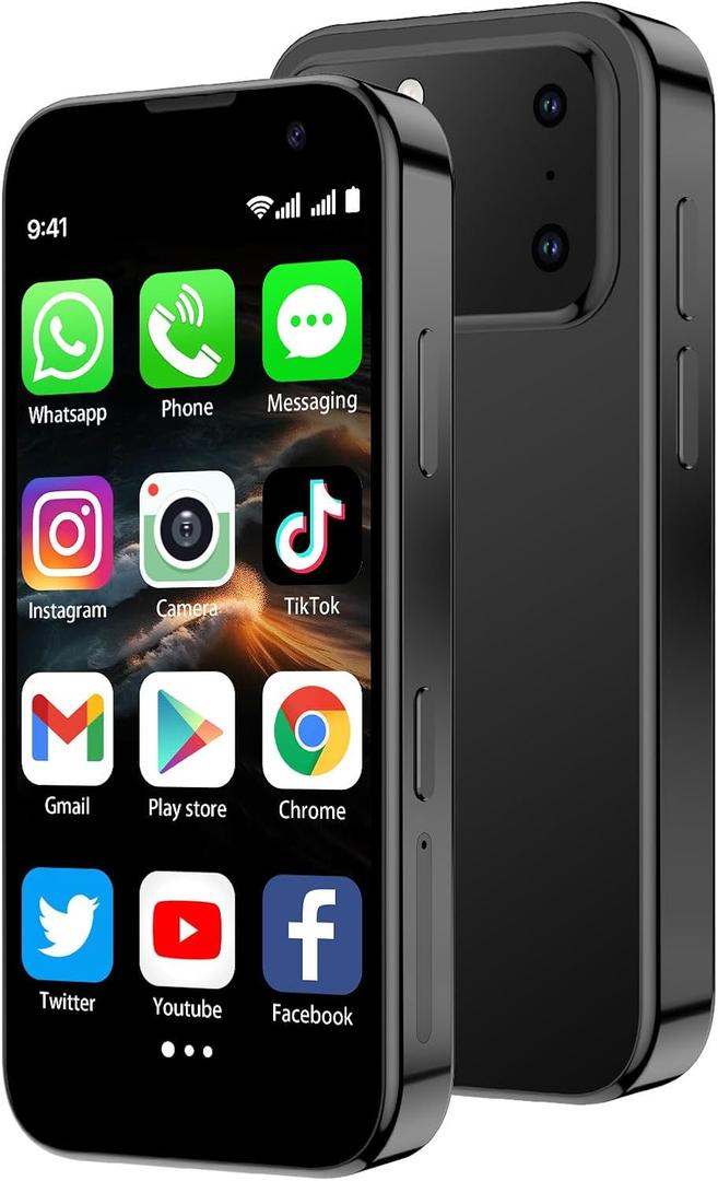 Mini Smartphone 3.0" HD Touchscreen - Unlocked Android Compact Mobile Phone for Kids & Students | Smallest Cell Phone for Travel Backup & Digital Detox | WiFi, GPS, Face ID, Dual SIM, 2GB+16GB, Black