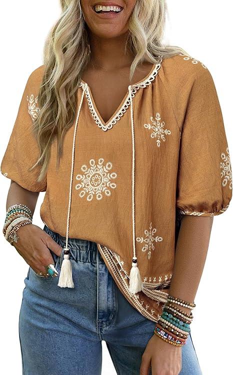 Womens Summer Boho Tops Casual V Neck Short Sleeve Blouses Floral Print Shirt Tie Front Flowy Vacation Clothes Medium