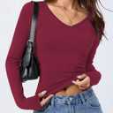 LOLONG T Shirts for Women Short/Long Sleeve V Neck Casual Ribbed Slim Fitted Tops (Red, XXXL)