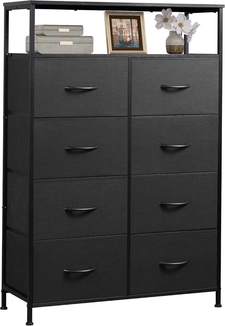 WLIVE Fabric Dresser for Bedroom with Open Shelves, Tall Black Dressers with 8 Drawers, Storage Tower with Fabric Bins, Chest of Drawers for Closet, Living Room, Hallway