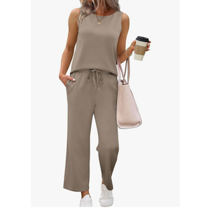 SAMPEEL Two Piece Sets for Women Summer Outfits Beach Vacation Clothes Wide Leg Crop Pants, L