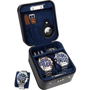 KAMIER Watch Travel Case with Combination Lock  2 Watch Storage and Jewelry Organizer  Watch Case for Ring and Watch Storage, PU Leather Travel Watch Case, Ideal for Gift (With Gift Box) (Black)