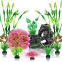 Fish Tank Accessories Aquarium Plants, 10pcs Colorful Fish Bowl Ornaments Plants and Rock Cave Decor Set, Aquarium Decor (Red)
