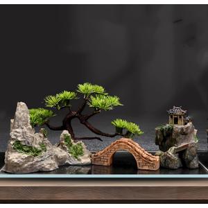 AWXZOM Small Japanese Fish Tank Decorations Set, Suitable for Aquariums up to 5 Gallon or Fish Bowl, Includes Small Decorations Artificial Plastic Plants Fish Tank House