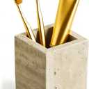 Sleek Marble Toothbrush Holder,Multi-Functional Stone Toothbrush Holder,Cutlery Tray,Fits Pens, Makeup Brushes & Sundries Storage (Beige Travertine)