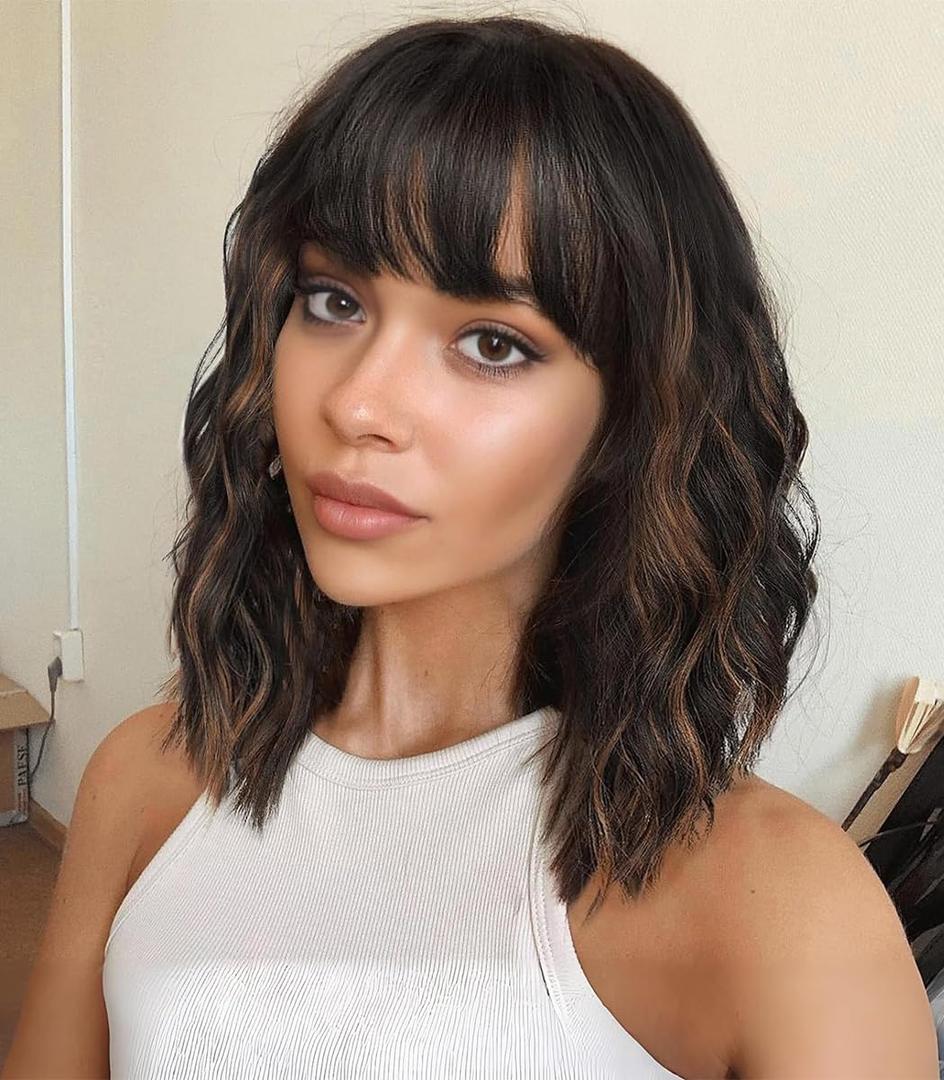 Veally Short Wavy Bob Wigs with Bangs for Women Black Mixed Brown Short Wavy Bob Curly Wig Synthetic Heat Resistant Bob Wig, Black Mix Brown