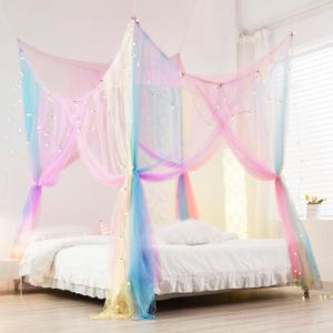 Mengersi Rainbow Canopy Bed Curtaina Mosquito Net for Bed Canopy, Four Corner Post Curtains Elegant Bed Netting, Screen Netting Canopy Curtains for Full to King Size Bed
