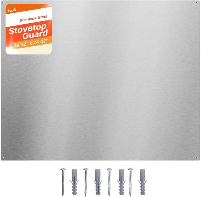30" x 24" Stainless Steel Backsplash for Stove, Ultra Flat Splatter Guard, Wall Shield Range Hood Backsplash, Easy Clean Kitchen Wall Metal Panel, Pre-Drilled Holes for Easy Installation, Silver