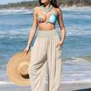 TARSE Womens Linen Wide Leg Pants Casual Loose Elastic Waist Beach Travel Vacation Palazzo Harem Pants with Pockets (Teal, L)