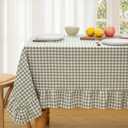 KKJIAF Sage Green Gingham Tablecloth 60 x 84 Inch, Cotton Plaid Tablecloth with Ruffle Edge Design, Linen Feel Classic Farmhouse Checkered Table Cover for Kitchen Parties Living Room Decoration