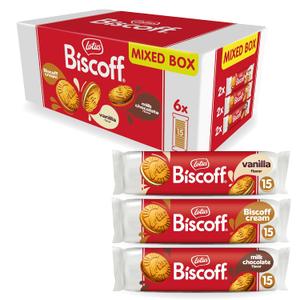 Lotus Biscoff Sandwich Cookies, Variety Pack, Biscoff Cream/Vanilla Cream/Milk Chocolate Cream, 15 Cookies per pack, 5.29 Ounces (Pack Of 6)
