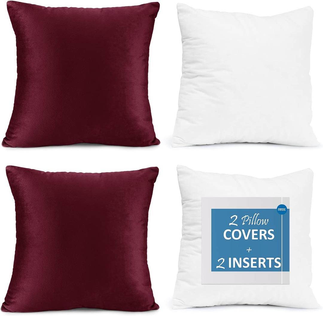 Throw Pillow Inserts Pack of 2 with Velvet Soft Solid Decorative Square Throw Pillow Covers Set for Sofa Couch Car Bedroom, 24X24 Throw Pillows Inserts with 22x22 Washable Cushion Covers, Burgundy Red