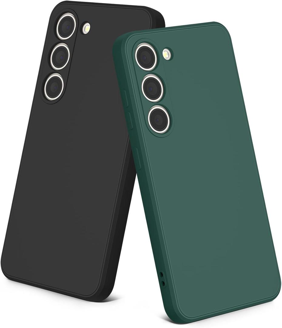 2 Pack Case for Samsung Galaxy S23 (Only), Stylish Liquid Silicone Slim Full-Body Protective Cover Compatible with Samsung Galaxy S23 5G Phone Case (Black+Dark Green)