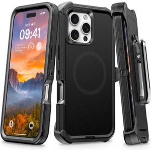 for iPhone 16 Pro Max Case with Belt Clip Holster, Anti-Shock, Anti-Slip, Compatible with MagSafe, 3-Layer Drop Protection, Heavy Duty Magnetic Phone Case Cover for 16 Pro Max, 6.9", Black