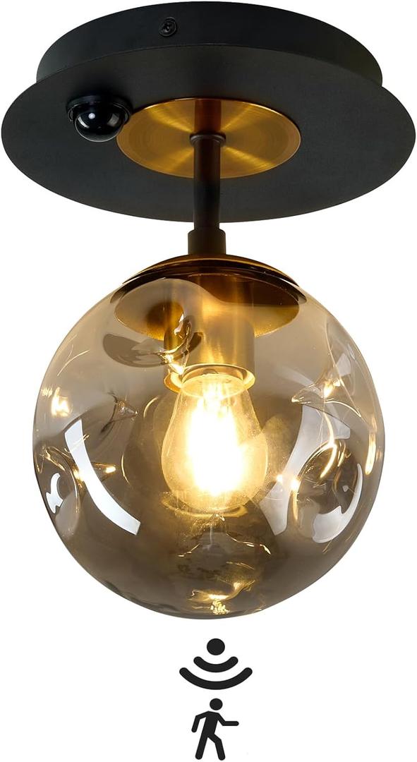 Motion Sensor Light Indoor 1-Light Mini Glass Globe Ceiling Light Fixture Modern Black Semi Flush Mount Light for Hallway Entryway Porch Stairway Closet