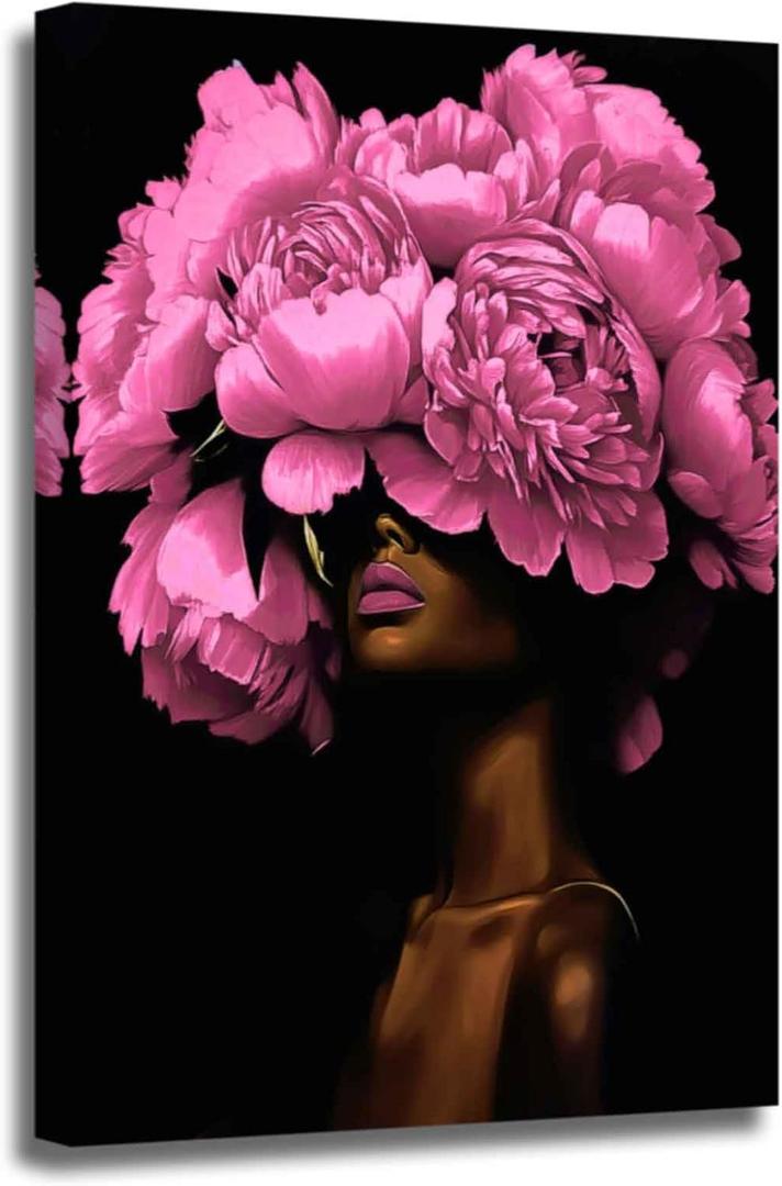 ZSHARTSWD African American Canvas Wall Art Black Woman with Flowers on Head Picture Abstract Black Girl Painting Prints for Girls Room Bathroom Decor Framed (Pink, 20L x 16W)