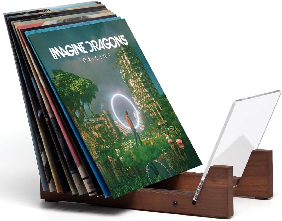 KAIU Vinyl Record Storage Holder - Solid Wood with Crystal Clear Acrylic Holder - Premium Design, Perfect 12" LPs or 7" Singles Display Unit - Stores and Supports up to 50 Albums (Vintage Brown)