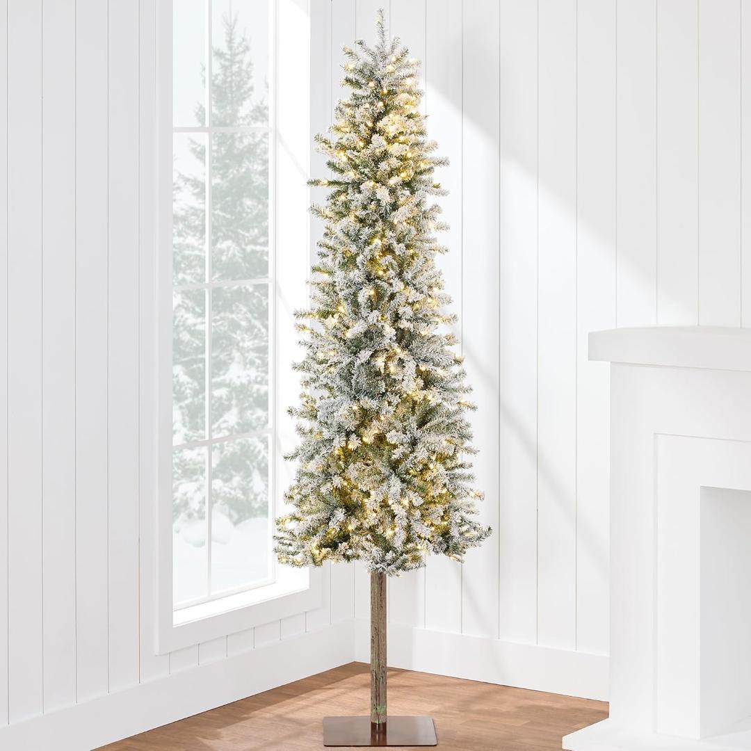 Best Choice Products Flocked Pencil Christmas Tree 7.5ft Pre-lit Alpine Slim Holiday Decoration, Lighted Skinny Dcor LED Lights, Metal Stand