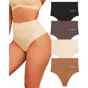 FINETOO Women Underwear High Waisted Thongs Tummy Control Seamless Thongs Shapewear No Show Panties 4 Pack XL