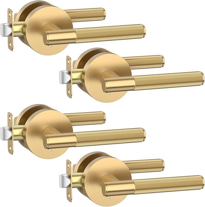 Asidrama 4 Pack Champagne Bronze Privacy Door Handles, Door Lever with Door Knobs Indoor for Bedroom or Bathroom, Heavy Duty Door Handles Interior with Locks for Left Right Sided Doors