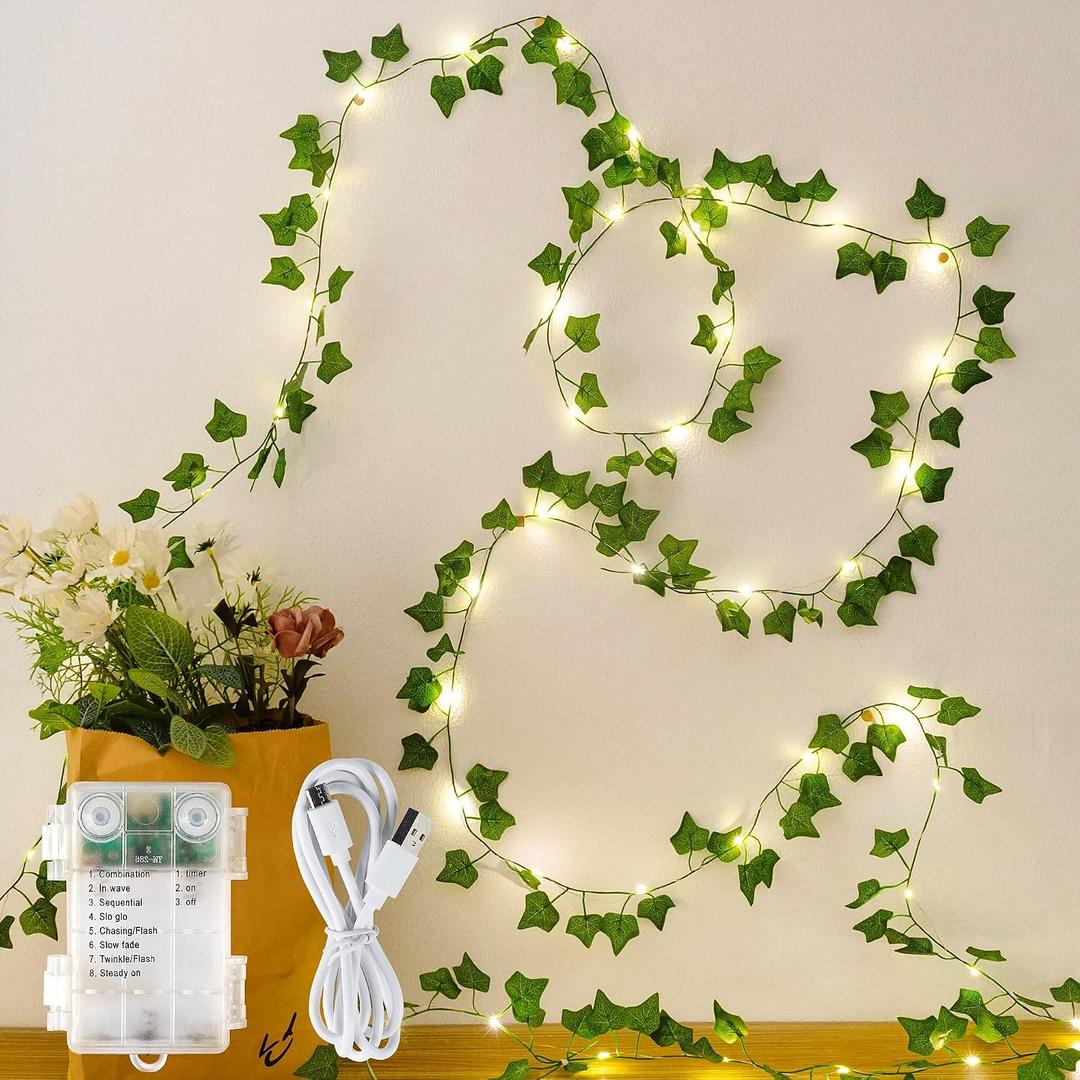 HEYFUNi Fake Ivy Vines with Lights, 23 Ft 73 Led Artificial Greenery Garland with Fairy Lights USB/Battery Operated, Leaf String Lights for Bedroom Aesthetic, Wall, Balcony, Wedding Decor, Warm White