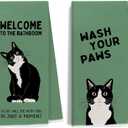 Retro Green Tuxedo Cat Bathroom Hand Towels, Cat Bathroom Decor, Black and White Kitty Kitten Hand Towels for Washroom Restroom, 16x24 Inches Set of 2