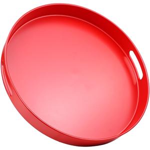 Round Red Decorative Serving Tray with Handles, 13 Versatile Ottoman Tray for Coffee Table, Entertaining, Outdoor Patio, Living Room