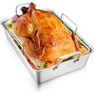 Roasting Pan with Rack for Turkey Chicken, Joyfair Stainless Steel Roaster Pan and Vrack for Toaster Oven, Rectangular Bakeware with Sturdy Handles, Heavy Duty & Dishwasher Safe (Large)