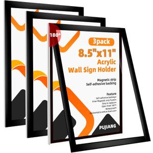 3 Pack 8.5x11 Acrylic Sign Holder Wall Mount with Framed Border, Peel & Stick Adhesive & 180 Flip Design - Single-Sided Clear Plastic Display for Menu, Poster, Flyer (Horizontal/Vertical) - Office, Home, Restaurant