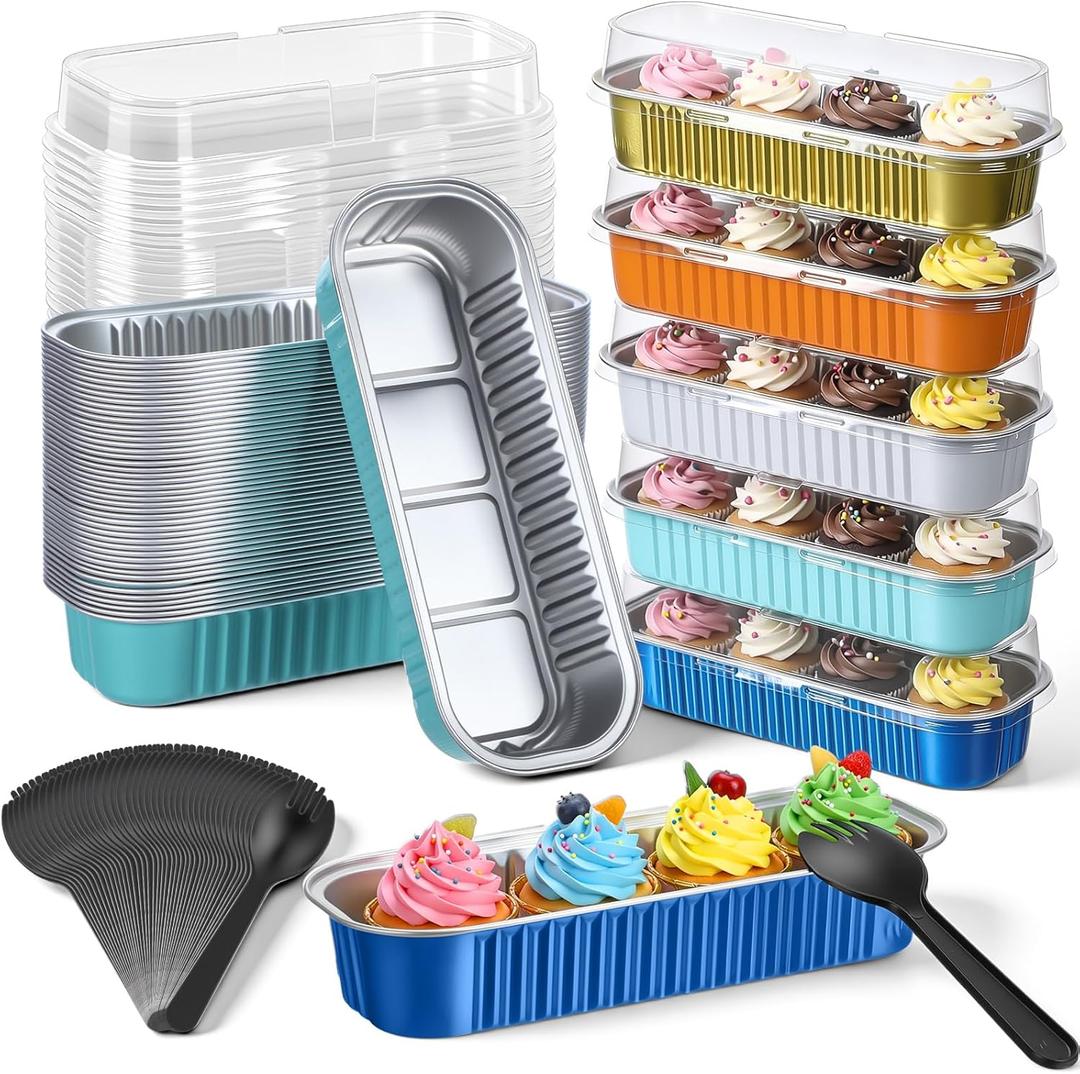 150 Pcs Mini Loaf Pans with Lids and Spoons 6.8 oz Rectangular Aluminum Foil Baking Pans Mini Tins Cake Containers for Bread Desserts(Blue and Orange) (Bright Colors)