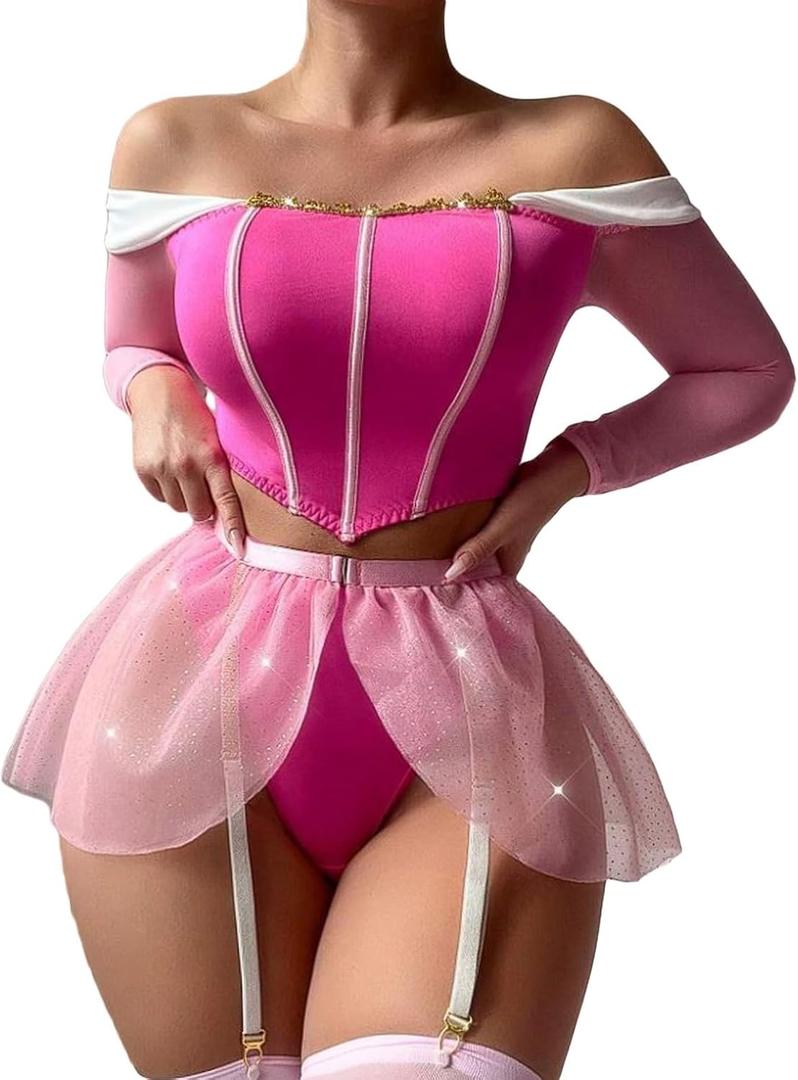 VENUS ALLURE Women's Sexy Princess Lingerie Set - Fairytale Cosplay Fantasy Costume Pink (Pink, X-Large)