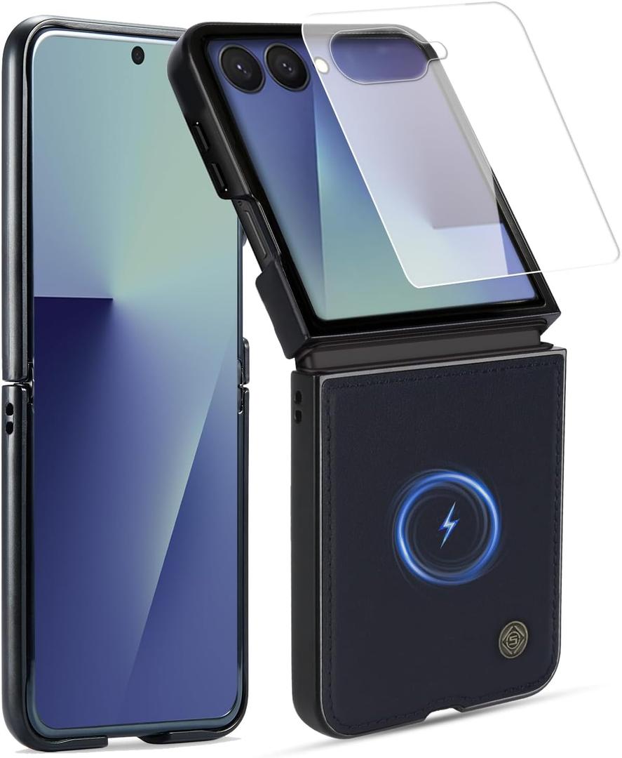 ASAPDOS Genuine Leather Folio Magnetic Case for Samsung Galaxy Z Flip 7 [Compatible with MagSafe],Built-in Screen Protector and Thin Slim Protective Case Cover Blue