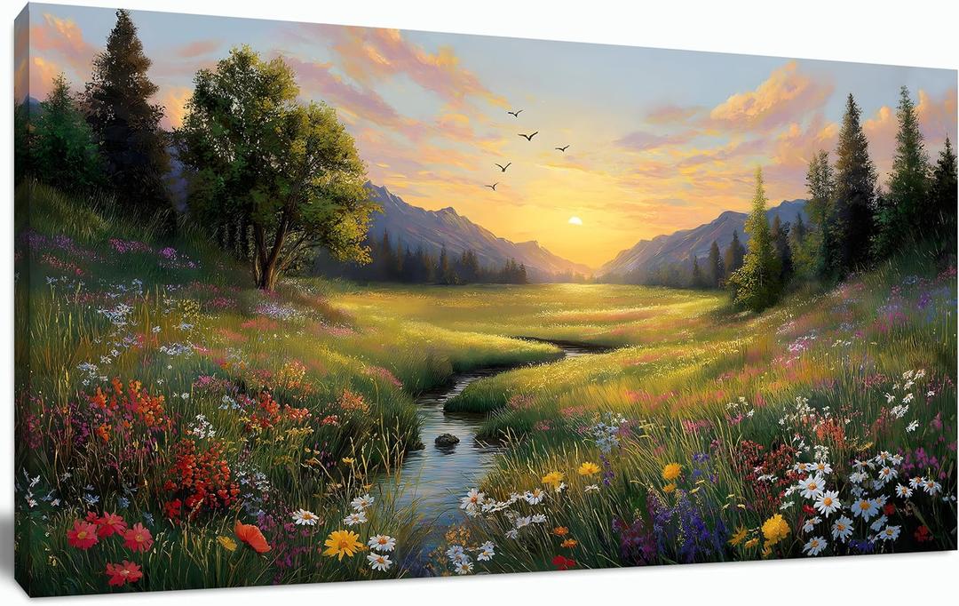 Tarfupth Large Green Landscape Canvas Wall Art for Living Room Sunset Mountain Wildflowers Canvas Prints Nature Scenery Artwork for Bedroom Office Home Decor 20"x40", 20L" x 40W"