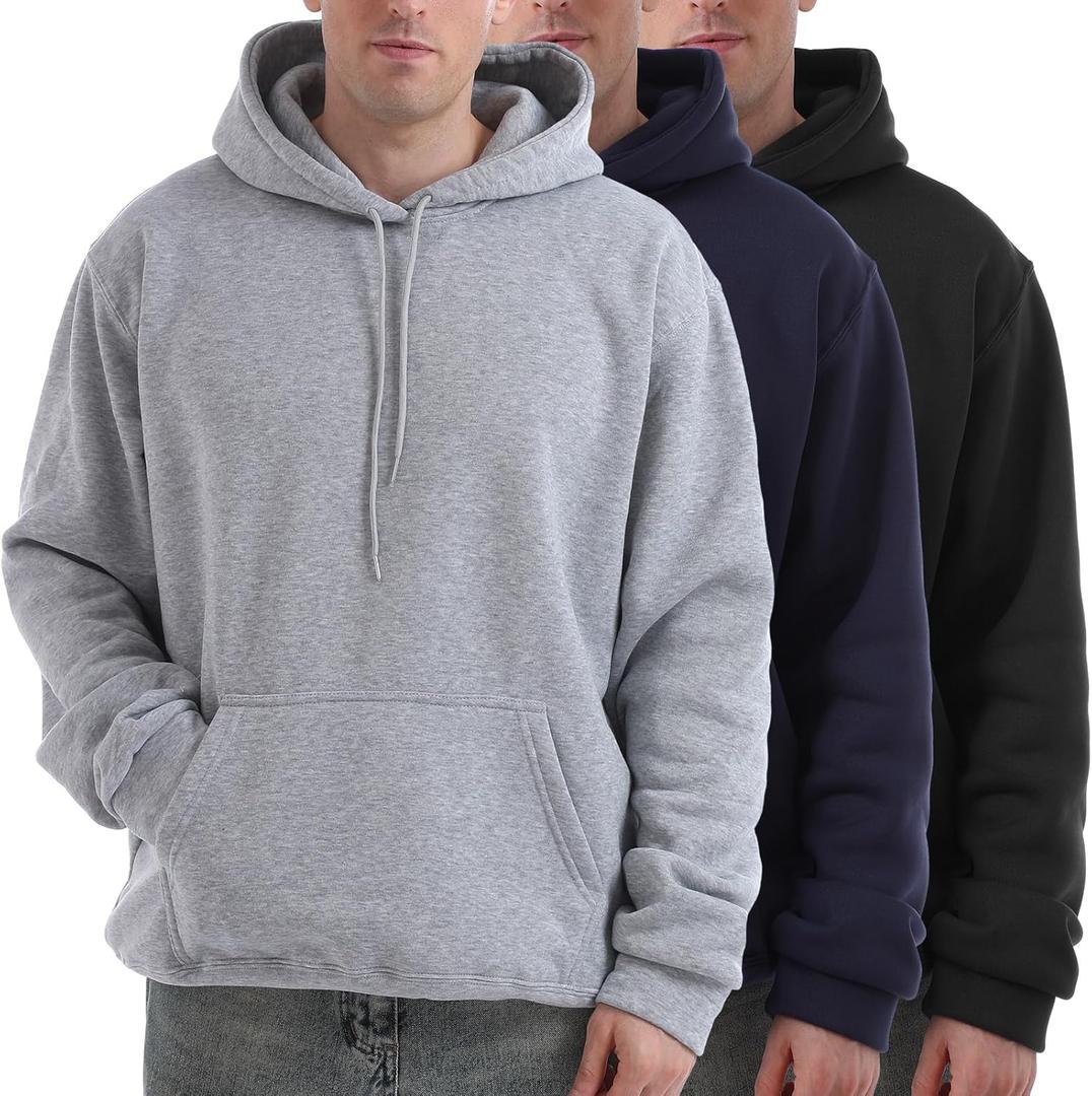 Taiyin 3 Pack Men's Lightweight Fleece Pullover Hoodie Long Sleeve Sweatshirt with Pockets for Men (X-Large, Black, Gray, Navy Blue)
