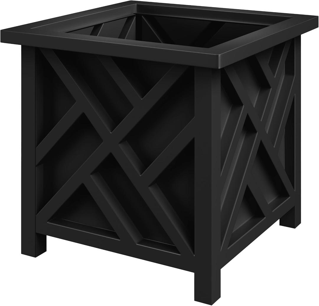 Pure Garden Lattice Design Planter Box - 15.5"D x 15.5"W x 16.5"H - Square Decorative Outdoor Flower or Plant Pot - Front Porch, Patio, and Garden Decor (Black)