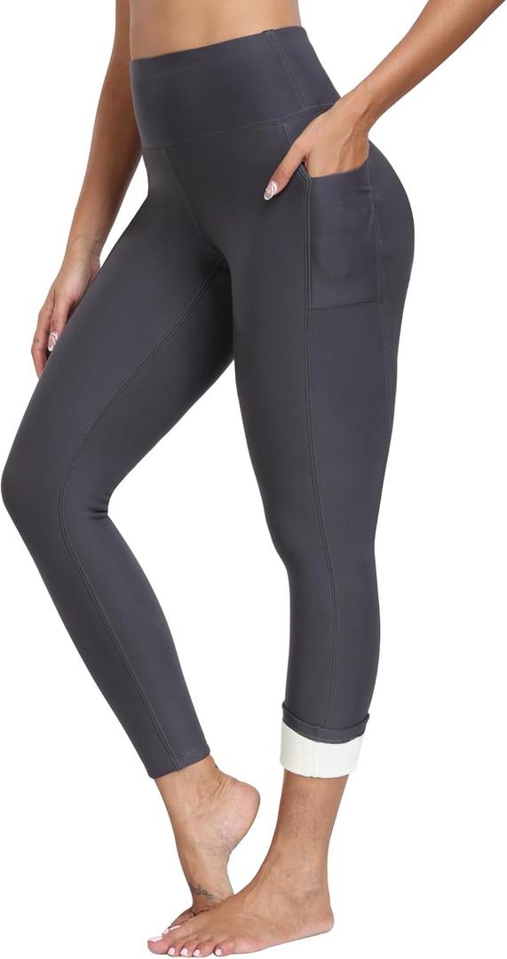 NORMOV Fleece Lined Leggings with Pockets for Women,High Waisted Winter Thermal Warm Sherpa Leggings (Gray, XL)