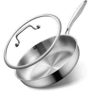 GOLDEN KEY 12 Inch Tri-Ply Stainless Steel Frying Pan with Lid - PFOA/PTFE-Free, Even Heating, All Cooktop Compatible, Oven Safe 500F, Dishwasher Safe for Searing, Sauteing, Roasting & Frying