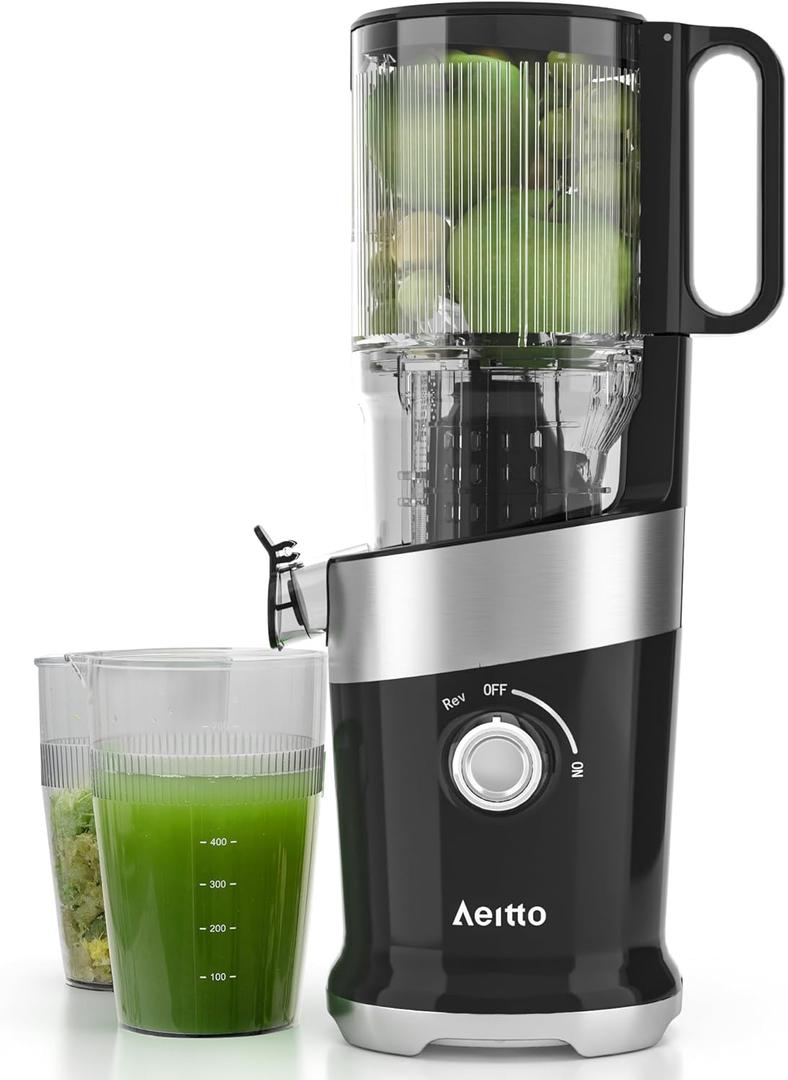 Cold Press Juicer with Whole Feed Chute, Aeitto Masticating Juicer Machines, Juice Extractor Machine Easy to Clean, High Juice Yield, For Whole Vegetables and Fruits, Easy to Assemble, Onyx Black