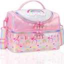 RHCPFOVR Kids Lunch Bag - Double Decker Cooler Insulated Lunch Box for Boys Girls Washable Lunch Bag and Reusable Toddler Lunchbox for School and Daycare (Flower Unicorn)