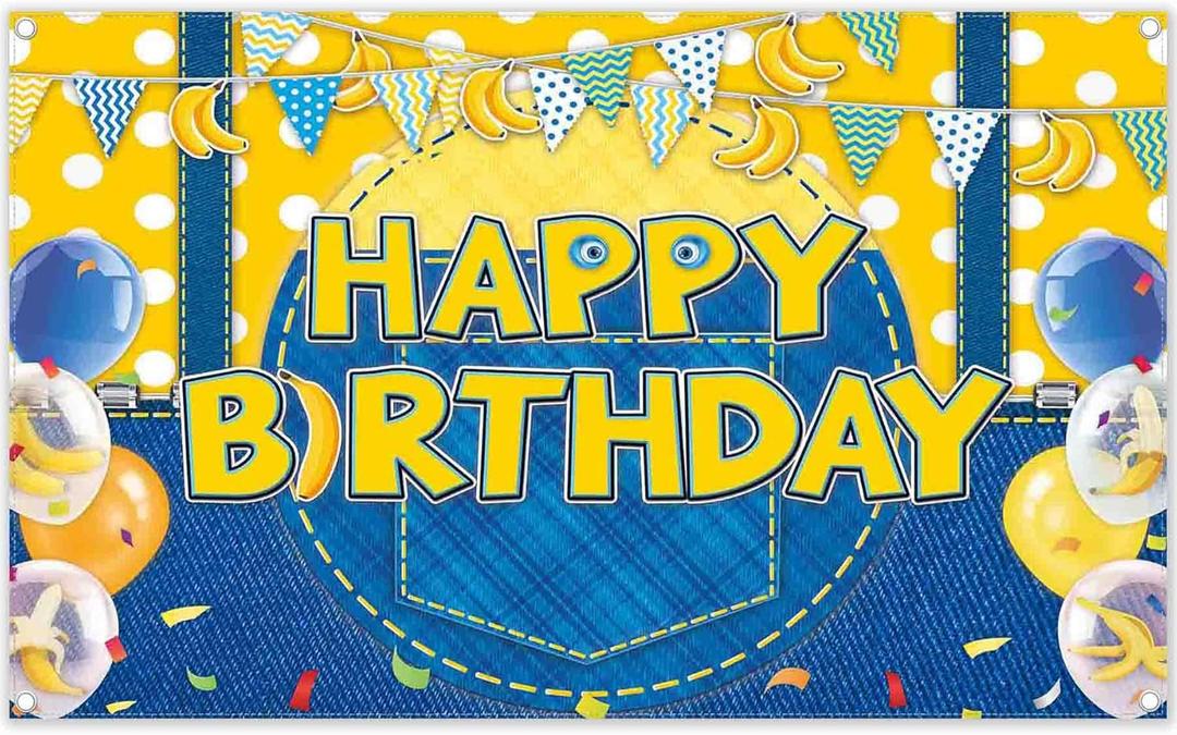 Fabric 72x43inch Yellow Jeans Cartoon Happy Birthday Backdrop Banana Balloon Flag Boy Party Decorations Kids Supplies Photo Booth Props Cake Table Banner