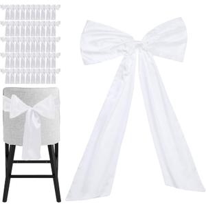 Large Satin Bow Decor with 50 Pack Chair Sashes - Perfect for Birthday, Wedding, Parties & Baby Shower | 24x36 Inch Giant Bows for Room Decor | Wide Fabric Ribbons for Banquet Chairs (White)